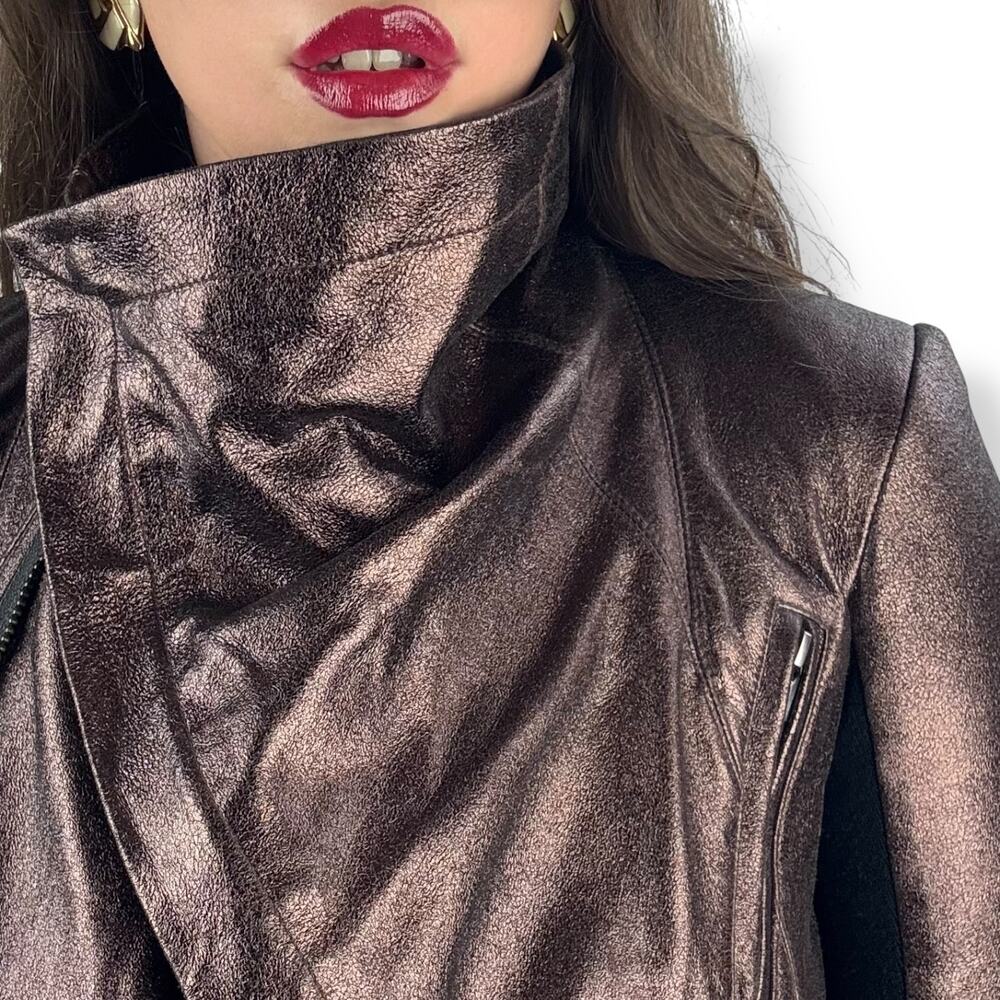 VEDA NYC metallic bronze lamb leather fitted cropped biker jacket - Picture 16 of 16